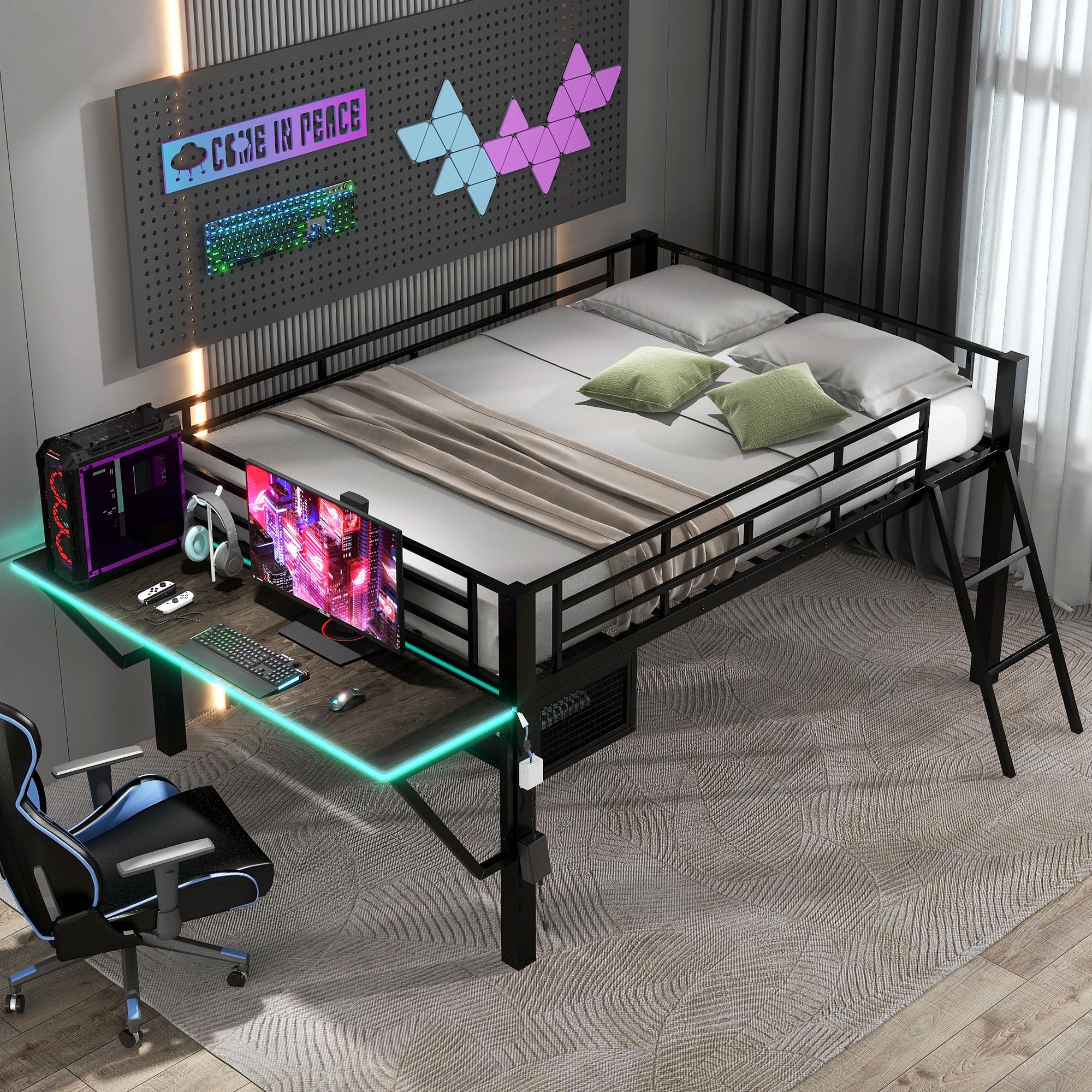 SOFTSEA Metal Low Loft Bed with Desk Full Loft Bed Frame Gaming Bed with LED and Storage Space for Kids