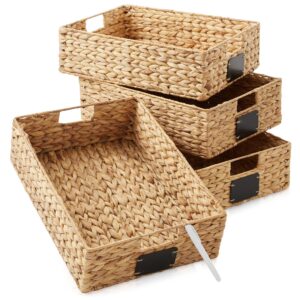 casafield set of 4 water hyacinth pantry baskets, 12-1/2" x 17" x 5", with chalkboard labels and chalk marker - natural, woven storage bin organizers for kitchen shelves