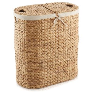 Casafield Oval Laundry Hamper with Lids and Removable Liner Bags - Natural, Woven Water Hyacinth 2-Section Laundry Basket Sorter for Clothes and Towels