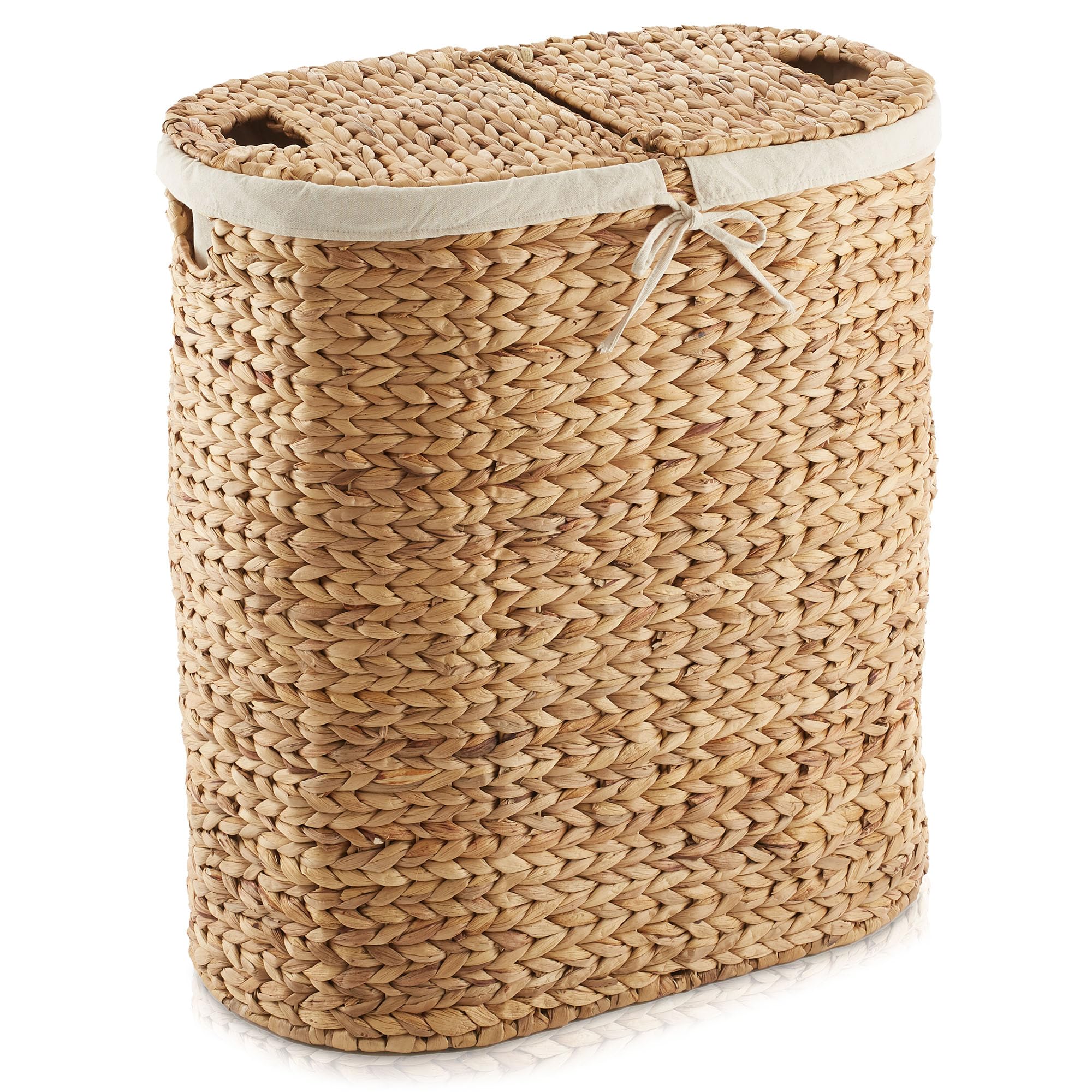 Casafield Oval Laundry Hamper with Lids and Removable Liner Bags - Natural, Woven Water Hyacinth 2-Section Laundry Basket Sorter for Clothes and Towels