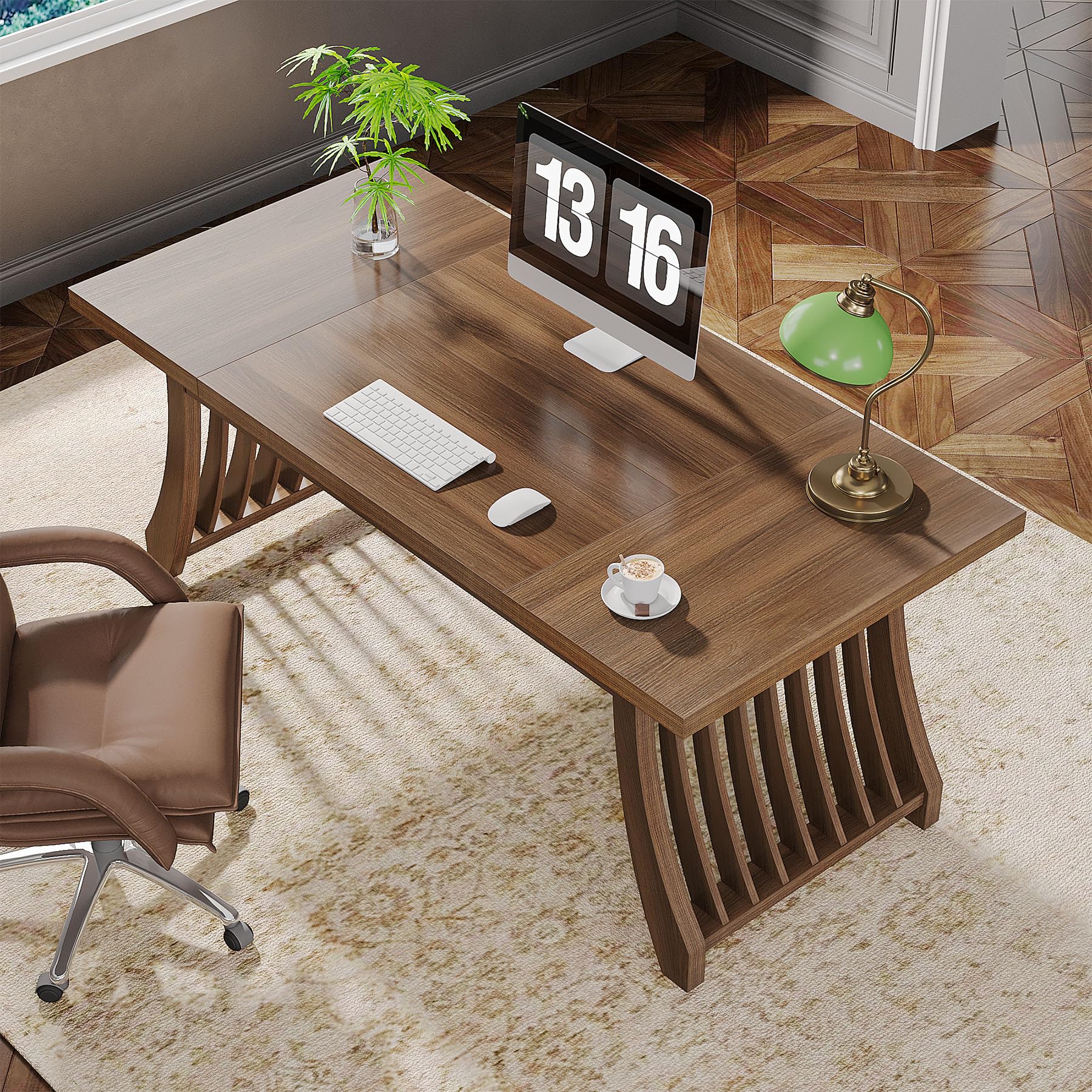 Tribesigns Home Office Executive Desk: 62 Inches Wood Computer Desk Office Table, Farmhouse Rustic Writing Study Desk with Solid Thickened Tabletop and Frame, Business Workstation, Brown