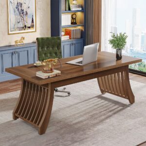 tribesigns home office executive desk: 62 inches wood computer desk office table, farmhouse rustic writing study desk with solid thickened tabletop and frame, business workstation, brown