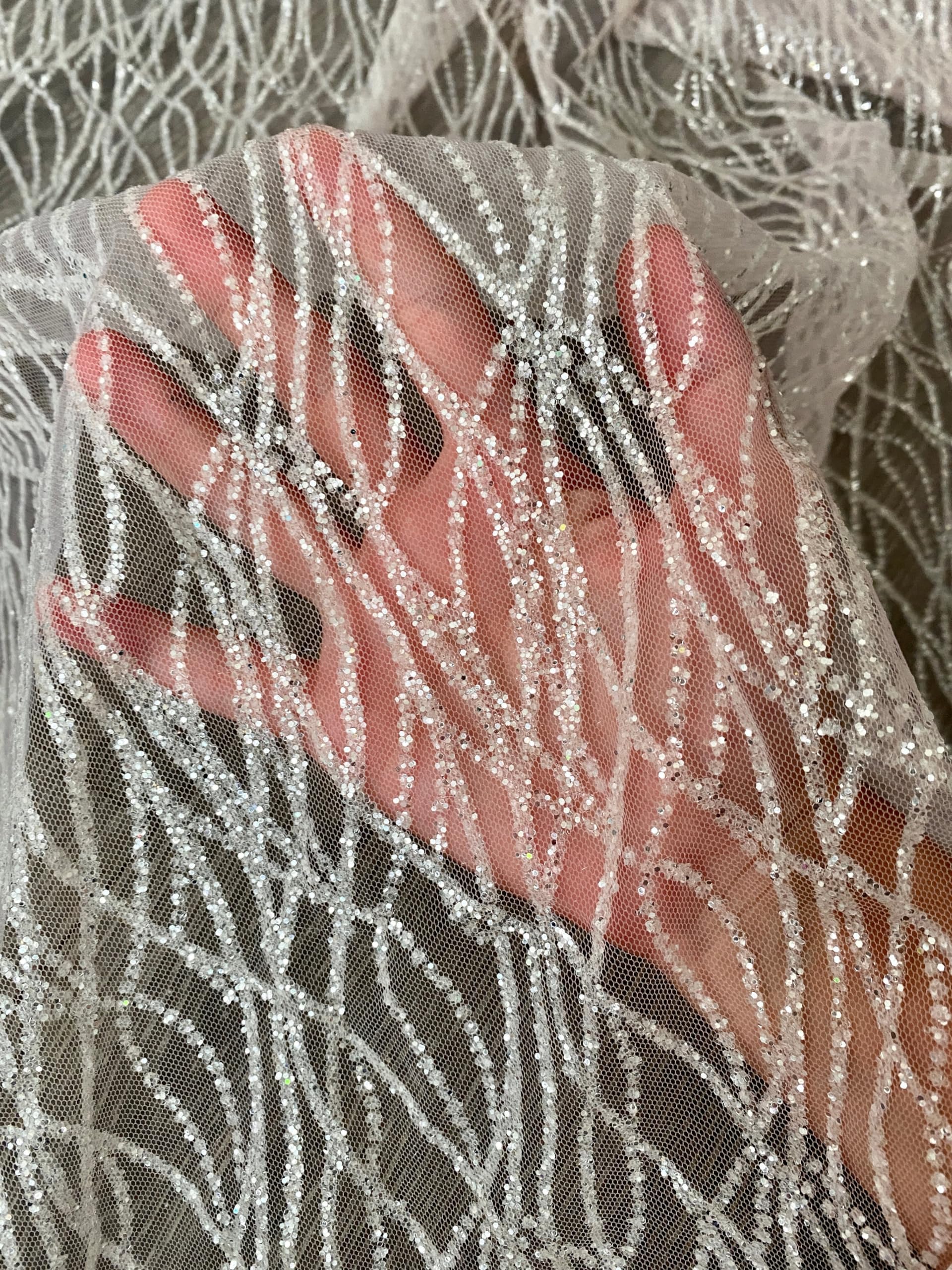 Glitter Wave Lace Fabric by The Yard - Perfect for Wedding Decorations, Bridal Shower, Wedding Tablecloth - Glitter Veil, and Elegant Crafts - 58 inch - 1 Yard (Silver White)