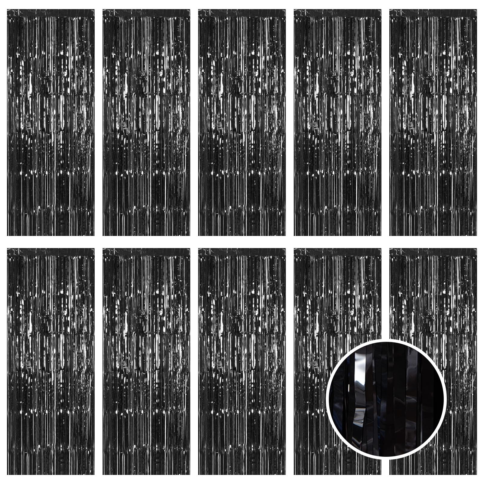 10 Pack Black Foil Curtain Backdrop 3.2ft x 9.8ft Black Metallic Tinsel Foil Fringe Curtains Streamer Photo Booth Backdrop for Birthday Party Engagement Bachelorette Party Decorations (Black)