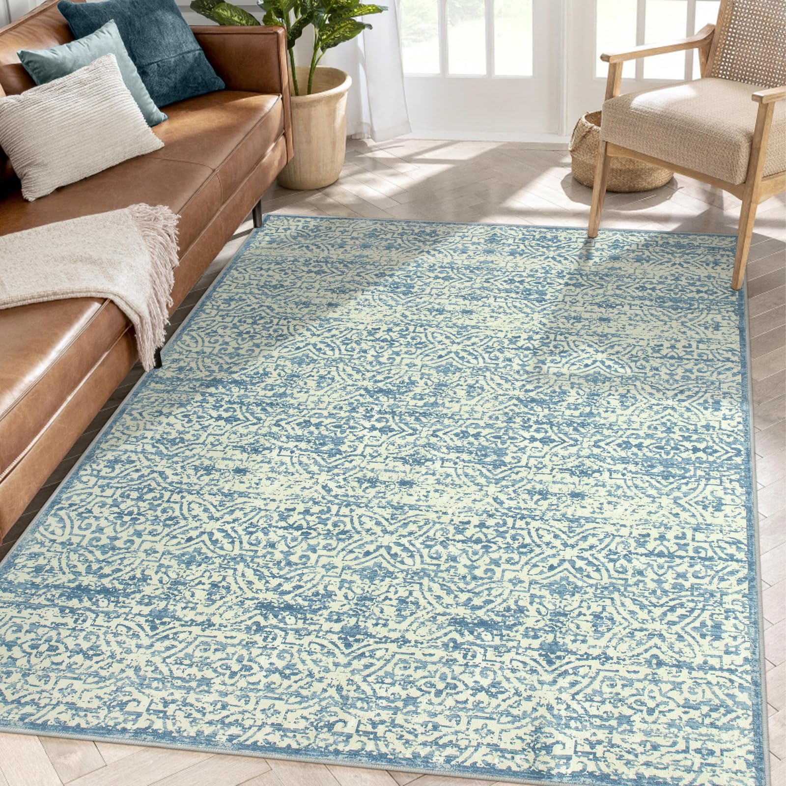 Lahome Blue 5x7 Area Rugs for Living Room Bedroom Aesthetic, Machine Washable Area Rugs 5x7 Non Slip Boho Area Rug Blue Carpet Indoor Rug for Office Dining Table Living Room(5'x7', Blue)