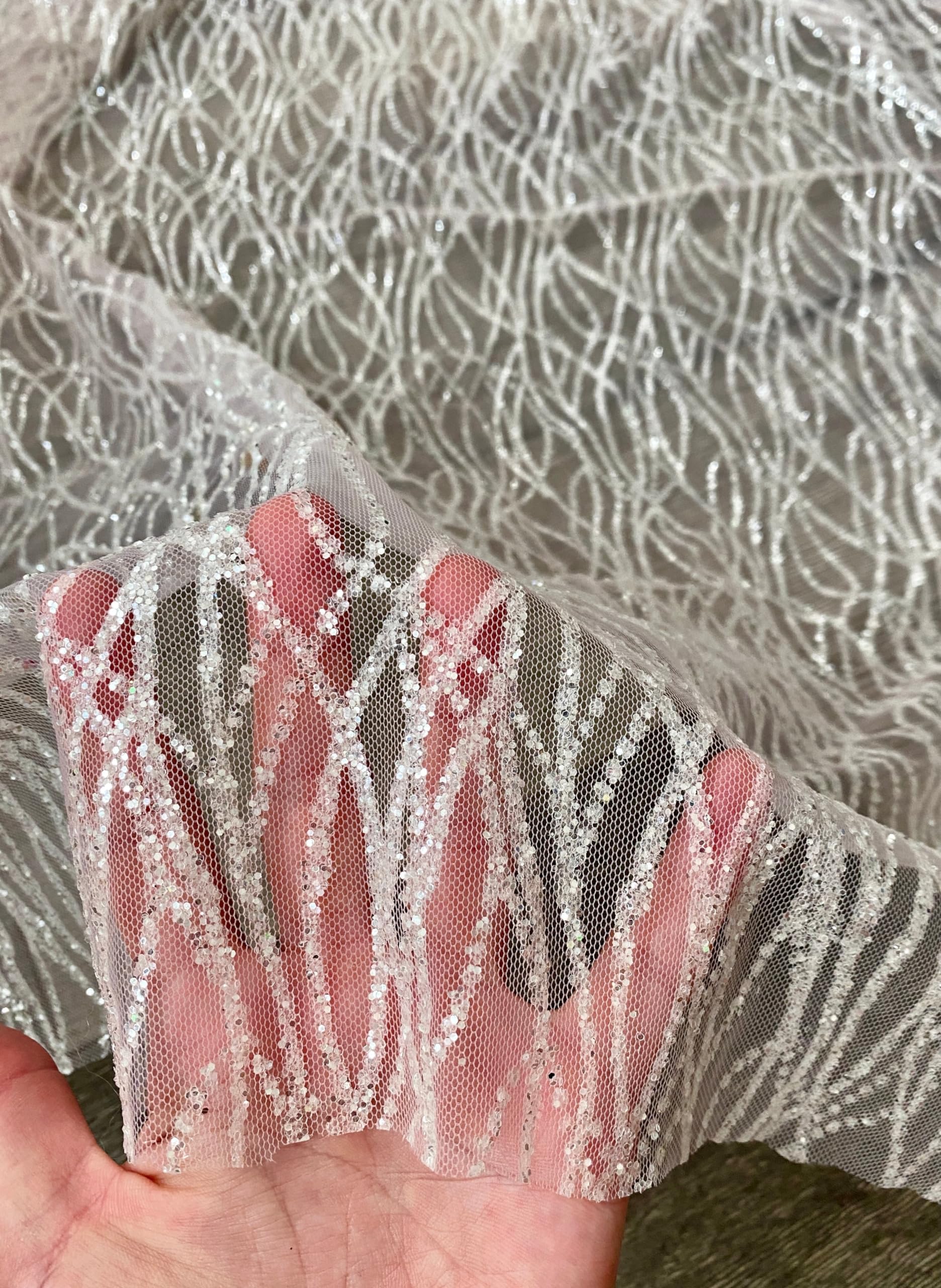 Glitter Wave Lace Fabric by The Yard - Perfect for Wedding Decorations, Bridal Shower, Wedding Tablecloth - Glitter Veil, and Elegant Crafts - 58 inch - 1 Yard (Silver White)