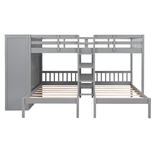 DEYOBED Full-Over-Twin-Twin Triple Bunk Bed with Large Wardrobe, Drawers and Shelves Storage, Wooden L-Shaped Bunk Beds with Mirror for Kids Teens Adults, Ideal Bedroom Furniture, Gray