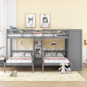 DEYOBED Full-Over-Twin-Twin Triple Bunk Bed with Large Wardrobe, Drawers and Shelves Storage, Wooden L-Shaped Bunk Beds with Mirror for Kids Teens Adults, Ideal Bedroom Furniture, Gray