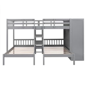 DEYOBED Full-Over-Twin-Twin Triple Bunk Bed with Large Wardrobe, Drawers and Shelves Storage, Wooden L-Shaped Bunk Beds with Mirror for Kids Teens Adults, Ideal Bedroom Furniture, Gray