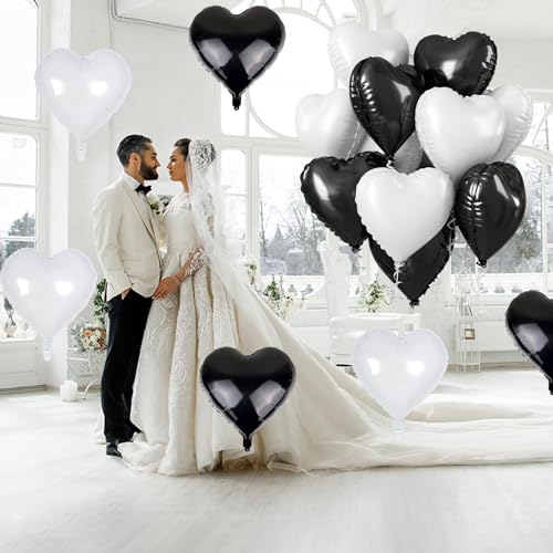 Black White Heart Balloons, 18 Inch Black and White Heart Balloons Large Black White Heart Shape Mylar Balloons Black and White Helium Foil Balloons for Wedding Birthday Graduation Engagement