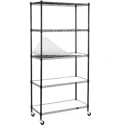 Catalina Creations Black 5-Shelf Storage Shelves,Heavy Duty Wire Shelving with Wheels, Adjustable Steel Wire Shelving Unit with 5-Shelf Liners for Garage, Kitchen, Office