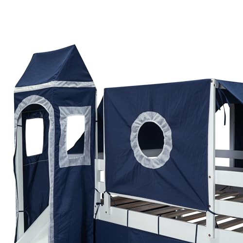 RORIGAT Full Size Loft Bed with Tent and Tower,Castle Low Loft Bed with Slide and Storage Staircase,Wood Bunk Bed Frame with Roof and Fence Shaped Guardrails for Bedroom,Blue