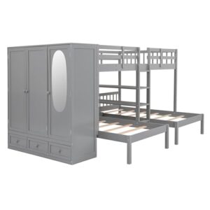 DEYOBED Full-Over-Twin-Twin Triple Bunk Bed with Large Wardrobe, Drawers and Shelves Storage, Wooden L-Shaped Bunk Beds with Mirror for Kids Teens Adults, Ideal Bedroom Furniture, Gray