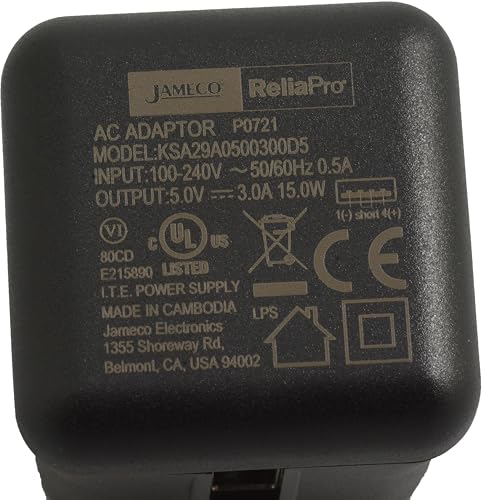 Jameco ReliaPro 5V 3A (3000mA) Compact Wall Adapter Power Supply with USB Port Output Foldable Terminals Charger