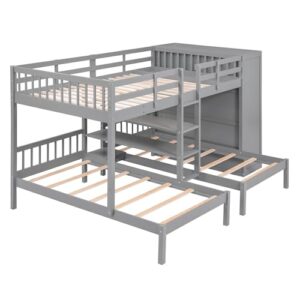 DEYOBED Full-Over-Twin-Twin Triple Bunk Bed with Large Wardrobe, Drawers and Shelves Storage, Wooden L-Shaped Bunk Beds with Mirror for Kids Teens Adults, Ideal Bedroom Furniture, Gray