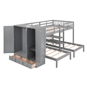 DEYOBED Full-Over-Twin-Twin Triple Bunk Bed with Large Wardrobe, Drawers and Shelves Storage, Wooden L-Shaped Bunk Beds with Mirror for Kids Teens Adults, Ideal Bedroom Furniture, Gray