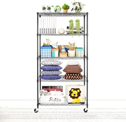 Catalina Creations Black 5-Shelf Storage Shelves,Heavy Duty Wire Shelving with Wheels, Adjustable Steel Wire Shelving Unit with 5-Shelf Liners for Garage, Kitchen, Office