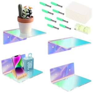 4 Pack Rainbow Iridescent Acrylic Floating Shelves for Wall Mounted - Durable Floating Shelf, Space Saving Display for Dazzling Home Decor, Living Room, Bedroom, Bathroom, Kitchen, Office & Kids Room