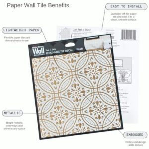 24-Pack of 8 x 8" Paper Wall Tiles Peel and Stick Kitchen Backsplash. Renter Friendly Paper Backsplash in Metallic Gold Pastel Painted Design. Self Stick Paper Wall Tiles for Your Home