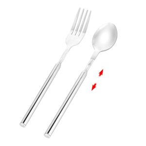 extendable fork spoon, telescopic fork and spoon set stainless steel long fork extender dinner retractable spoons expandable extension fork spoon extends to 25.2" tableware for bbq fruit