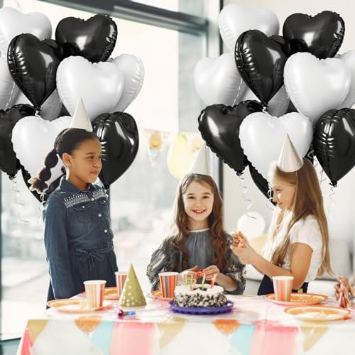 Black White Heart Balloons, 18 Inch Black and White Heart Balloons Large Black White Heart Shape Mylar Balloons Black and White Helium Foil Balloons for Wedding Birthday Graduation Engagement