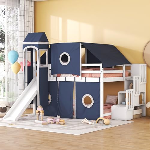 RORIGAT Full Size Loft Bed with Tent and Tower,Castle Low Loft Bed with Slide and Storage Staircase,Wood Bunk Bed Frame with Roof and Fence Shaped Guardrails for Bedroom,Blue