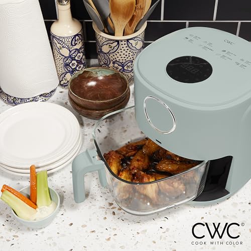 COOK WITH COLOR Colorful 1200W 4Qt Air Fryer: Glass Basket, Dishwasher Safe, 60min Timer, 6 Presets, Temp Control 175F-400F, 4 QT, Sage