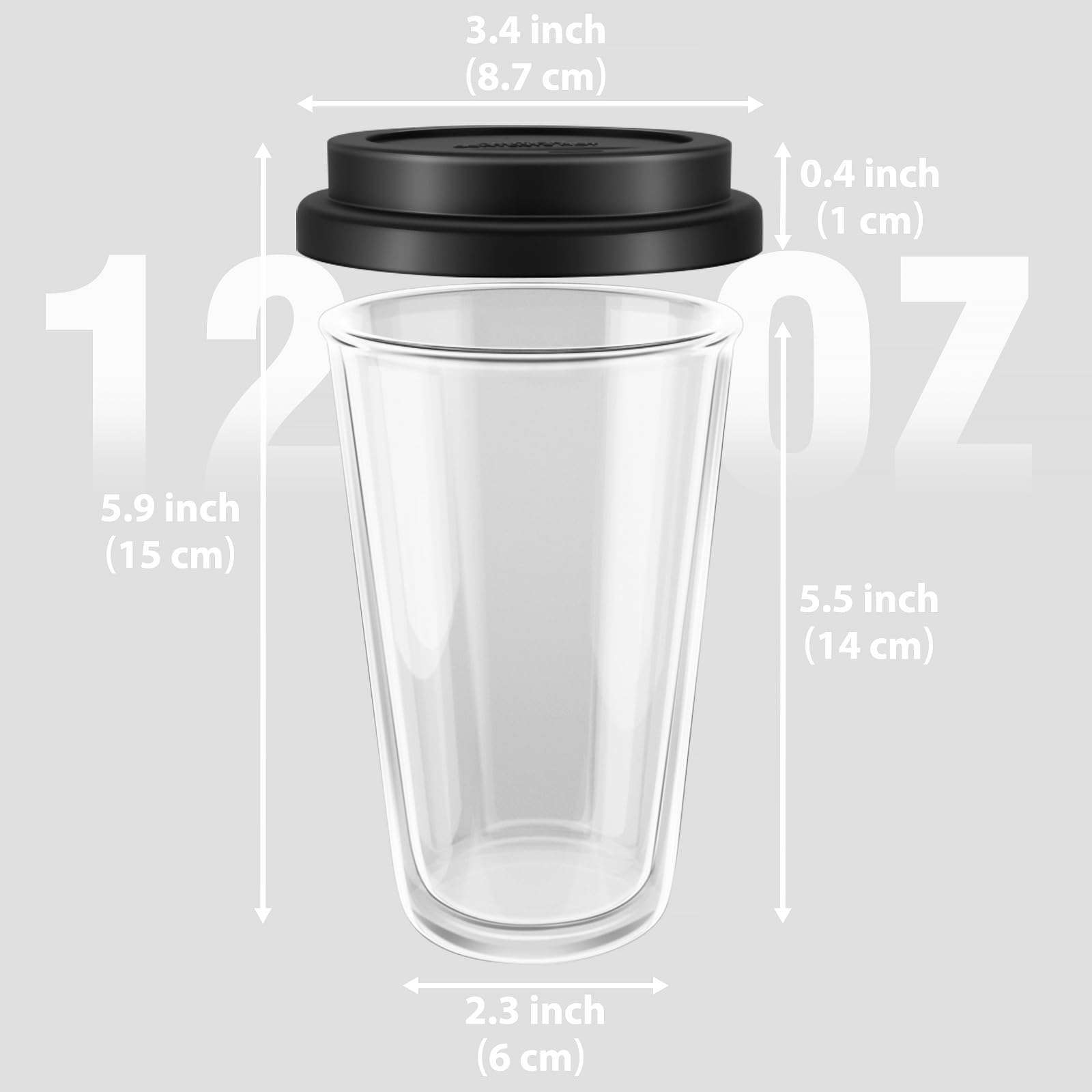 Double Walled Glass Coffee Mugs with Silicone Lids,12 OZ 2 Packs Insulated Drinking Coffee Cups with Lids, Dishwasher Safe Reusable Glass Iced Coffee Cups for Morning Coffee, Hot or Cold Drink