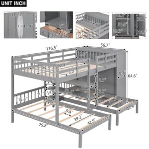 DEYOBED Full-Over-Twin-Twin Triple Bunk Bed with Large Wardrobe, Drawers and Shelves Storage, Wooden L-Shaped Bunk Beds with Mirror for Kids Teens Adults, Ideal Bedroom Furniture, Gray