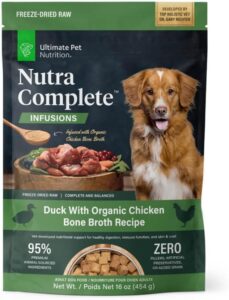 ultimate pet nutrition nutra complete bone broth infusions, 100% freeze dried veterinarian formulated raw dog food with antioxidants prebiotics and amino acids (1 pound, bone broth duck)