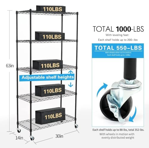 Catalina Creations Black 5-Shelf Storage Shelves,Heavy Duty Wire Shelving with Wheels, Adjustable Steel Wire Shelving Unit with 5-Shelf Liners for Garage, Kitchen, Office