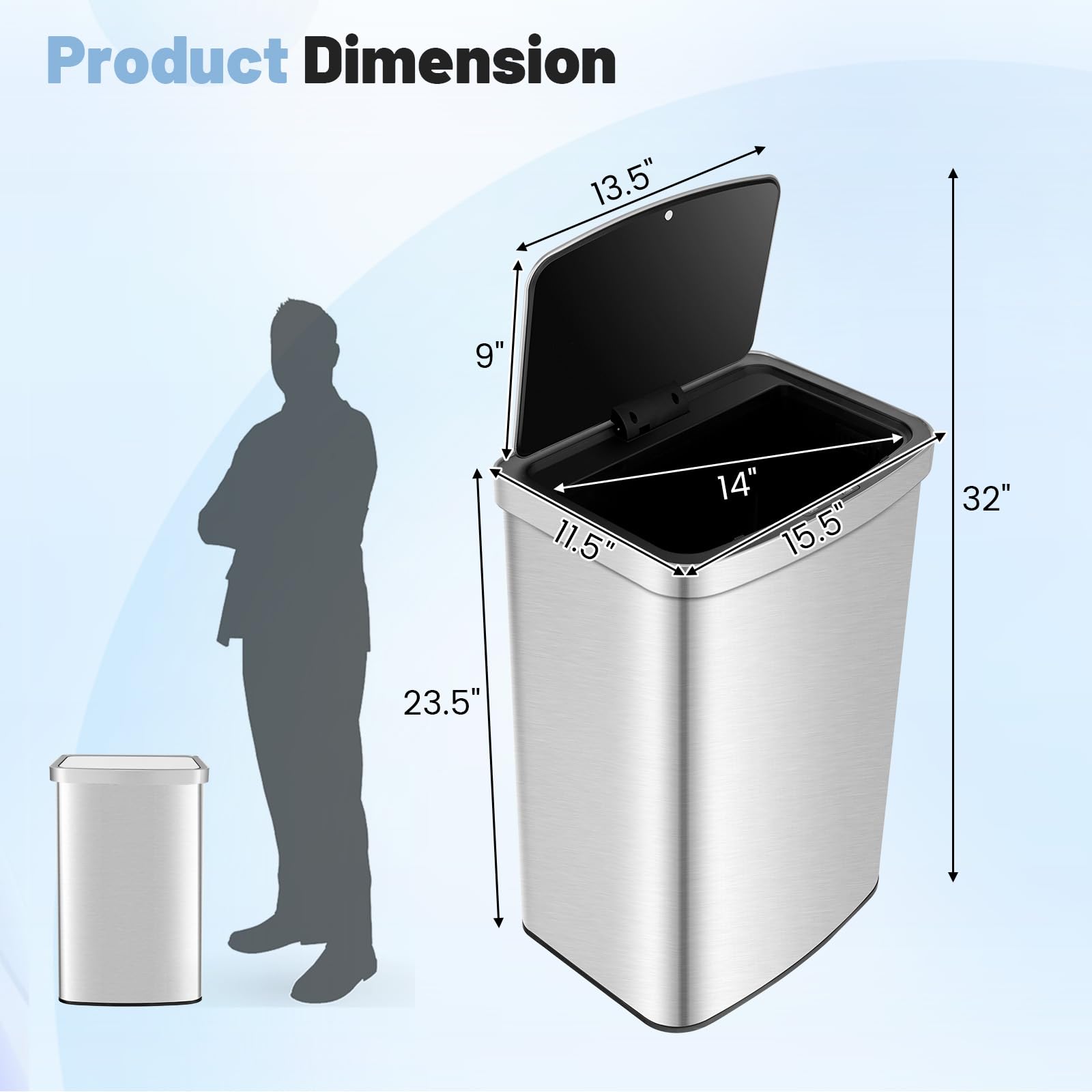 Goplus 13 Gallon/ 50 Liter Automatic Trash Can, Rectangular Motion Sensor Waste Trash Bin w/Soft Close Lid & Deodorizer Compartment, Smart Touchless Stainless Steel Garbage Can for Kitchen Office