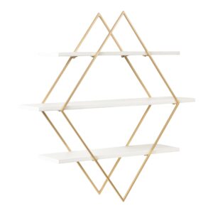 kate and laurel daxton modern wood and metal diamond wall shelf, 31 x 8 x 31, white and gold, glam geometric wall organization for bathroom storage or living room display