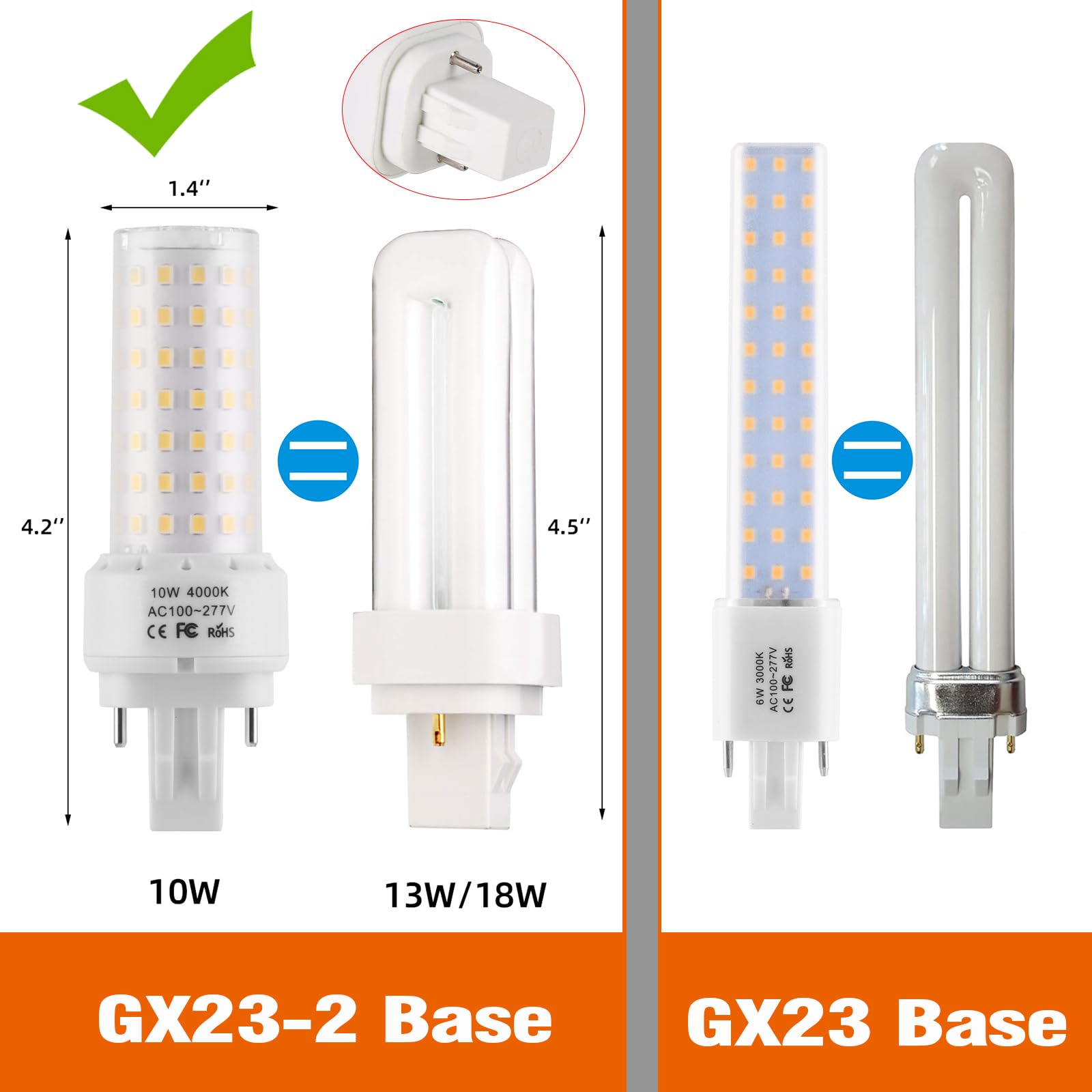 Lidesheng GX23-2 Base LED Light Bulb Plug and Play,4000K Neutral White 1400Lm 2Pin LED PL Bulb, 13W 18W CFL Equivalent, Ballast Compatible (Neutral White, 10W 2pcs)