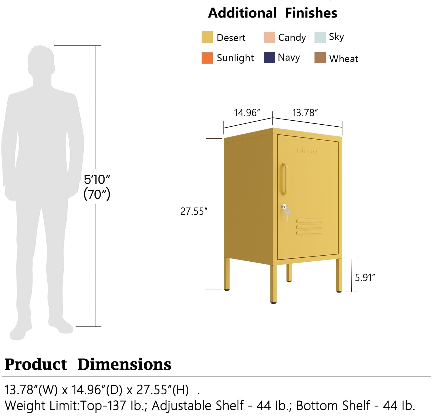 Aiasuit 2 Tiers Night Table Minimalist Style Tea Table Safe Lockable Coffee Table Metal Locker Bedside Cabinet Children's Bedside Cabinet Yellow Size: 27.55”H X 13.78”W X 14.96”D