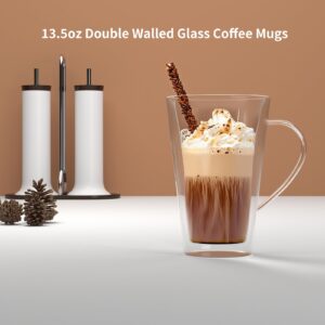 HORLIMER Double Walled Glass Coffee Mugs, 13.5oz Insulated Clear Coffee Cups with Handle Set of 2, Perfect for Espresso, Cappuccino, Latte, Tea, Hot Beverages