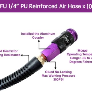 SANFU Polyurethane(PU) Air Hose 1/4-Inch x 100ft Reinforced, lightweight Anti-low temperature 300PSI with 1/4” Swivel Industrial Aluminum Quick Coupler and Plug, Bend Restrictor,Purple(100’)