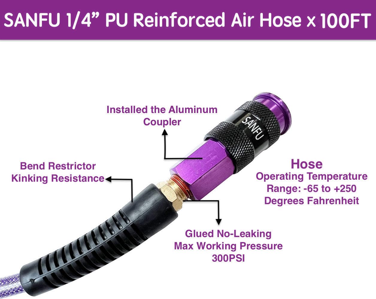 SANFU Polyurethane(PU) Air Hose 1/4-Inch x 100ft Reinforced, lightweight Anti-low temperature 300PSI with 1/4” Swivel Industrial Aluminum Quick Coupler and Plug, Bend Restrictor,Purple(100’)