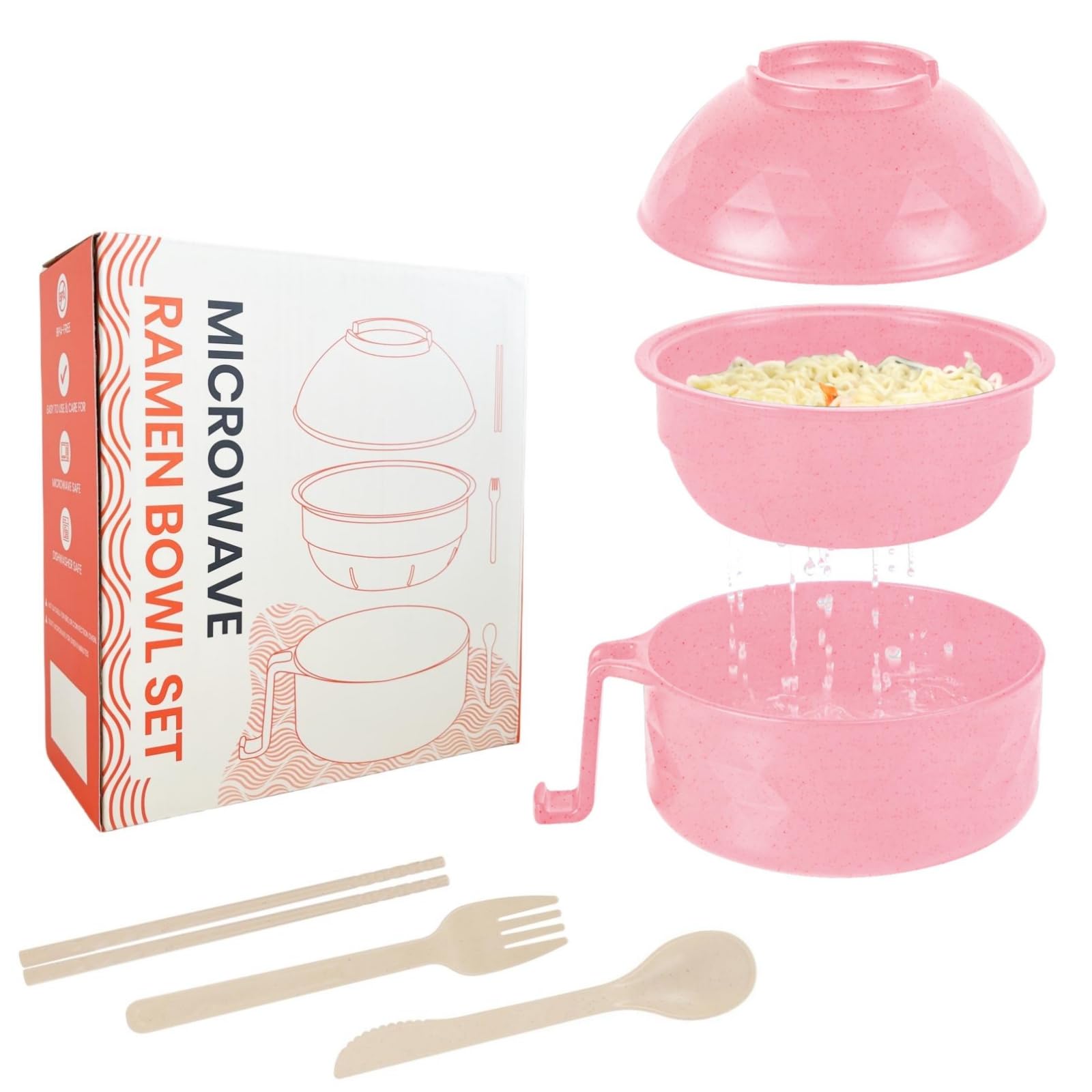 Microwave Ramen Cooker,Ramen Bowl With Chopsticks and Spoon,For Office College Dorm Room Essentials Instant Lunch Ideal for Shin and Buldak Ramen Noodle On The Go, Dishwasher-Safe,BPA-Free. (Pink)