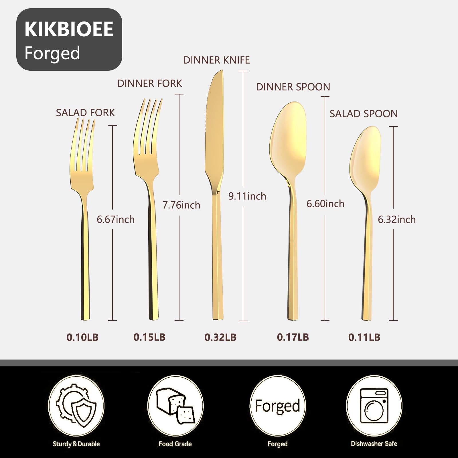 Kikbioee Gold 20 Piece Forged Stainless Steel Silverware Set, Hexagon Handle Flatware, Modern Mirror Finish Cutlery Set, Service for 4, Dishwasher Safe