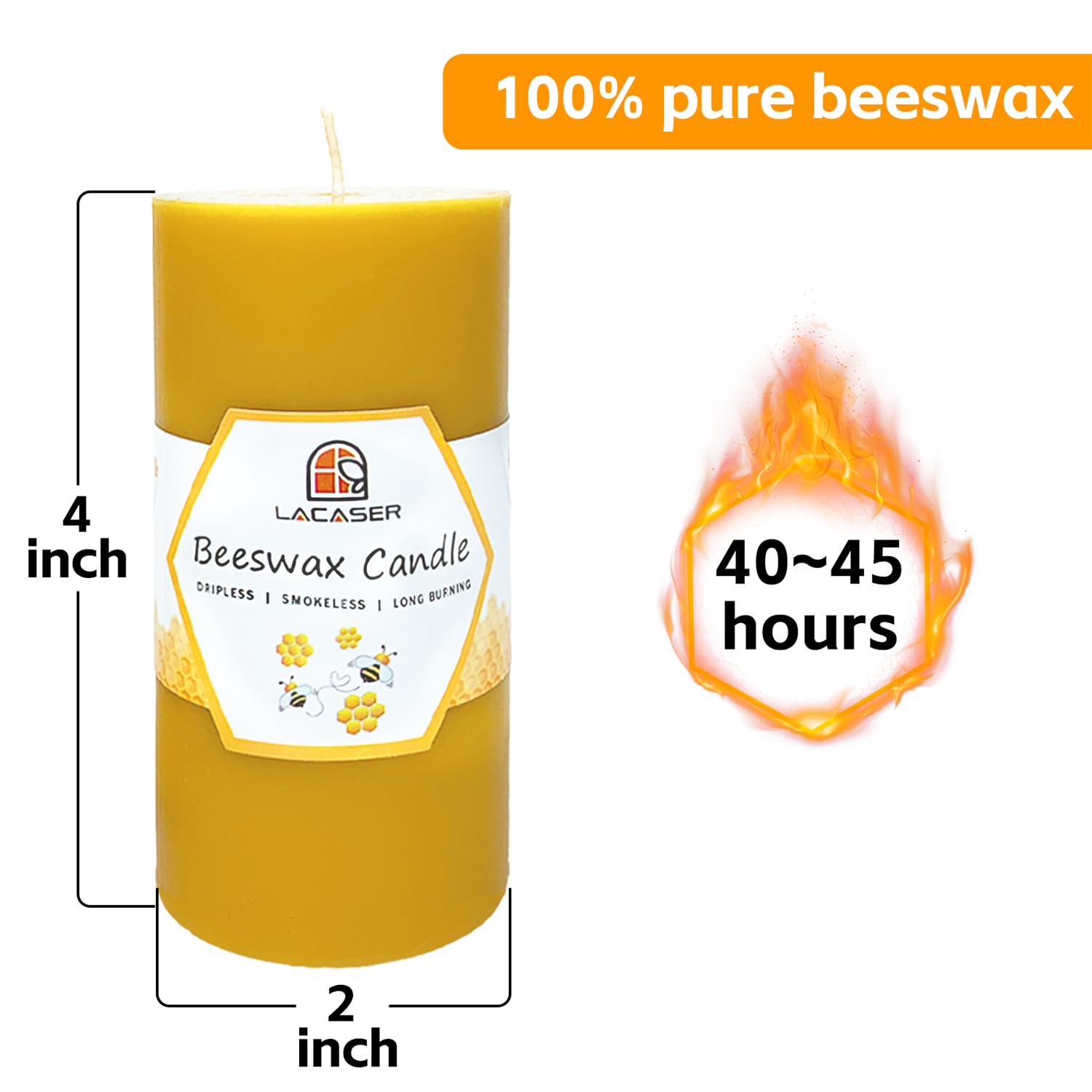 Lacaser Beeswax Pillar Candles,100% Pure Beeswax Candles,Long Burning Time 40 Hours Each,80 Hours Total for Set, Bees Wax Candle for Home, Size 2”x 4” (2 Packs), Dripless& Smokeless