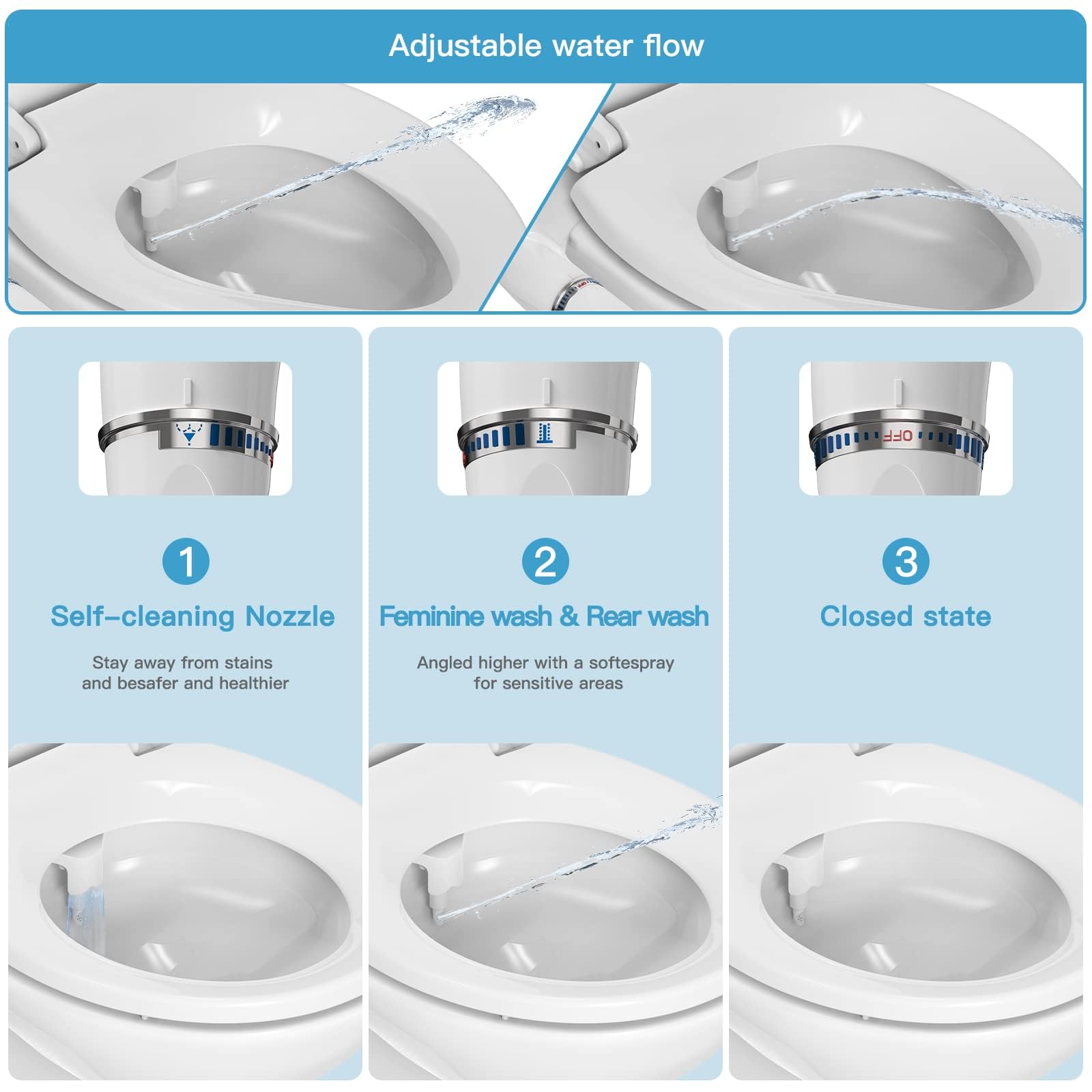 Bidet Toilet Seat, Manual Non-Electric Bidets for Existing Toilets, Elongated Toilet Seat with Self-Cleaning Nozzles, Fits Elongated Toilets, Slow Close Toilet Seat, Quick-Release, Easy Installation