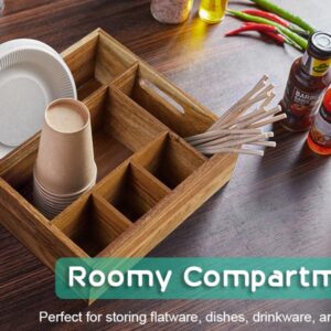 ALELION Acacia Wood Utensil Holder for Party - Paper Plate Organizer for Countertop - Silverware Caddy with 6 Compartments for Plate, Cup, Fork, Spoon - Cutlery Holder for Kitchen Camping Buffet