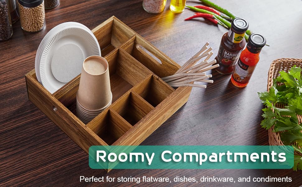 ALELION Acacia Wood Utensil Holder for Party - Paper Plate Organizer for Countertop - Silverware Caddy with 6 Compartments for Plate, Cup, Fork, Spoon - Cutlery Holder for Kitchen Camping Buffet