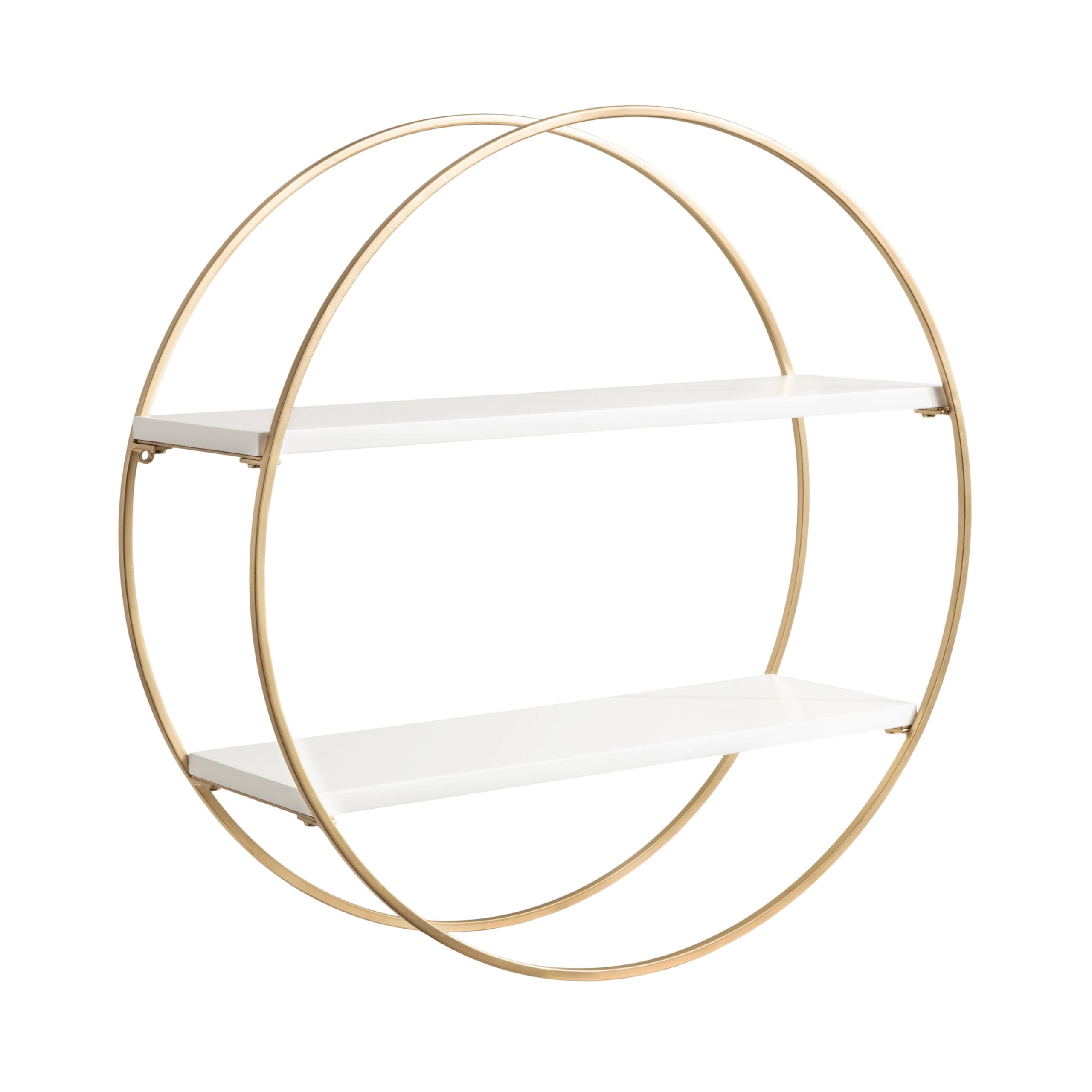 Kate and Laurel Sequoia Modern Round Wall Shelf, 24 Inch Diameter, White and Gold, Contemporary Glam 2-Tier Floating Shelf Decor for Living Room, Bedroom, or Bathroom Display