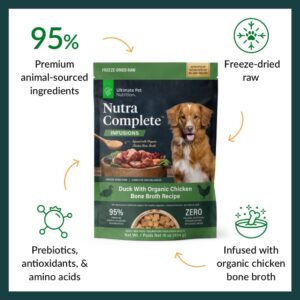 ULTIMATE PET NUTRITION Nutra Complete Bone Broth Infusions, 100% Freeze Dried Veterinarian Formulated Raw Dog Food with Antioxidants Prebiotics and Amino Acids (1 Pound, Bone Broth Duck)