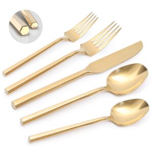 kikbioee gold 20 piece forged stainless steel silverware set, hexagon handle flatware, modern mirror finish cutlery set, service for 4, dishwasher safe