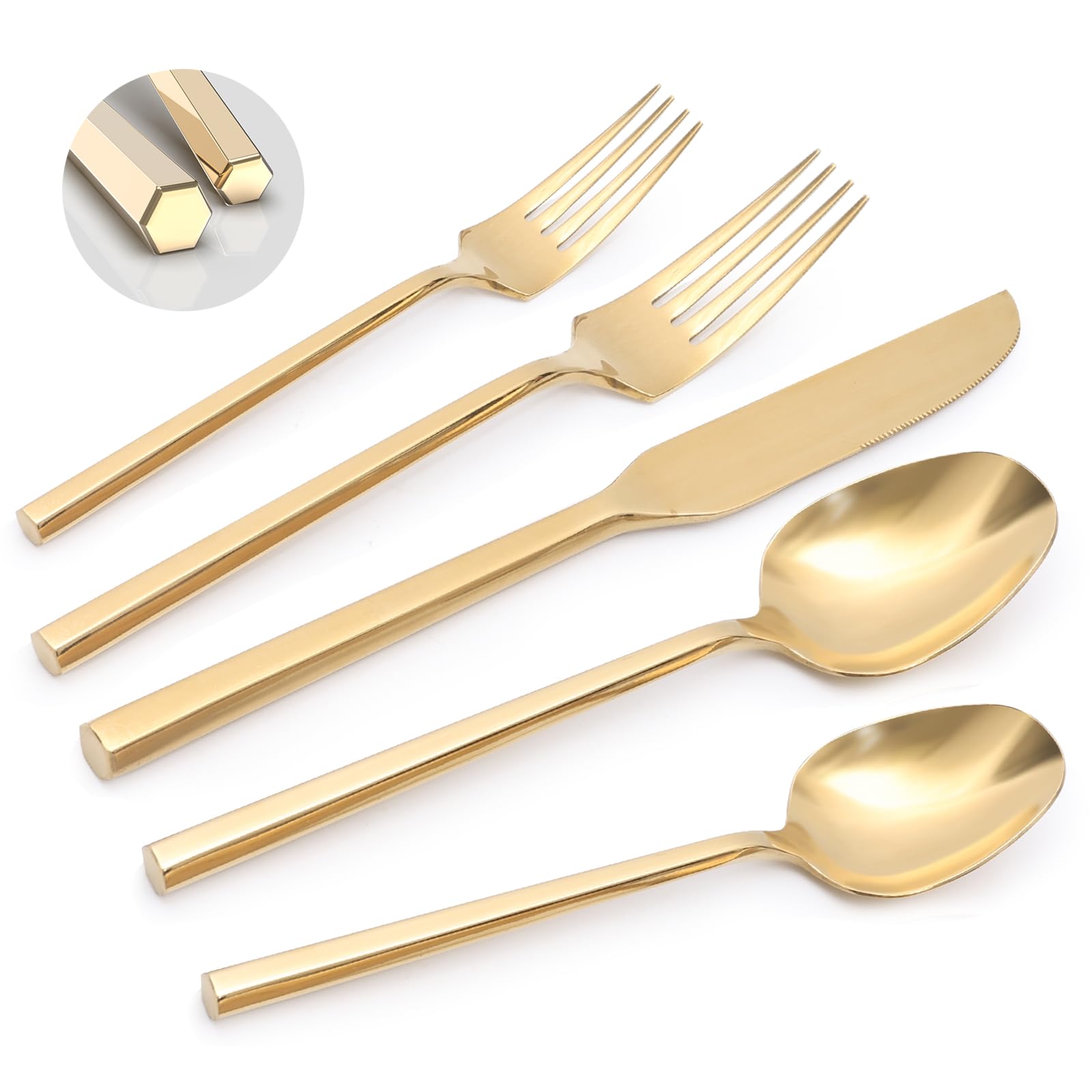 Kikbioee Gold 20 Piece Forged Stainless Steel Silverware Set, Hexagon Handle Flatware, Modern Mirror Finish Cutlery Set, Service for 4, Dishwasher Safe