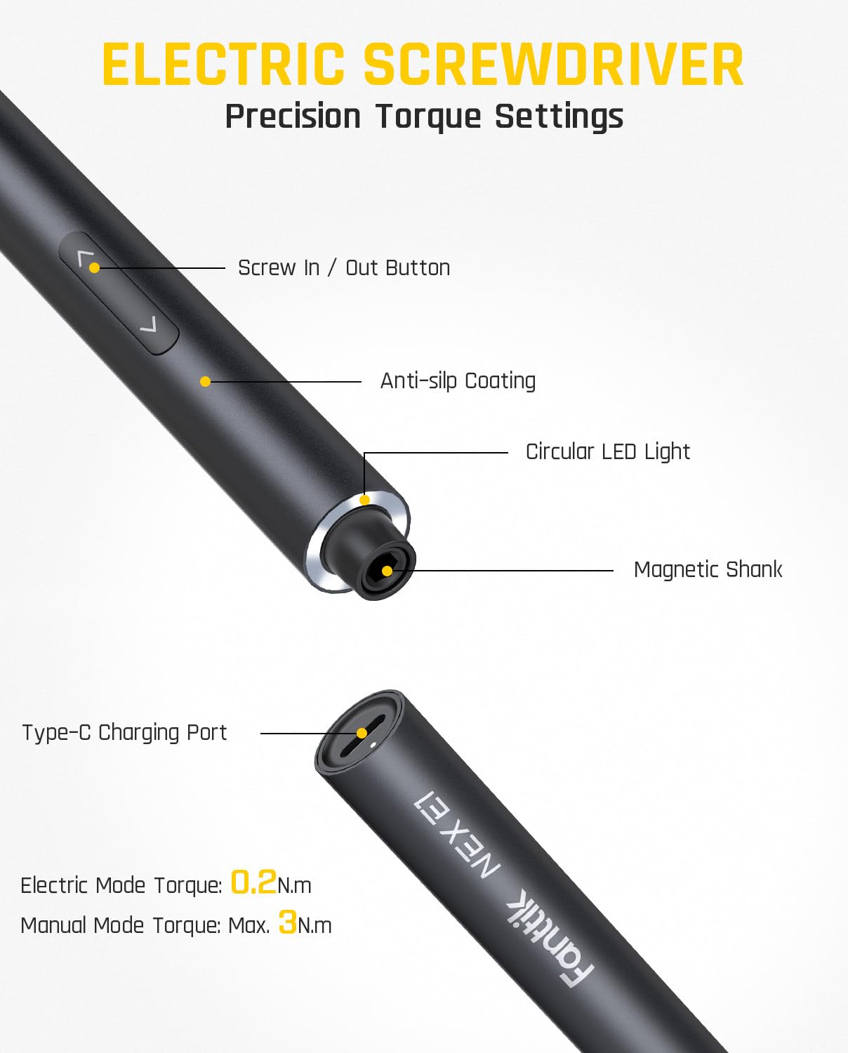 Fanttik NEX E1 3.7V Mini Electric Screwdriver Precision Screwdriver, 12 Bits, 0.2N.m Torque Setting, Max. 3 N.m, Magnetic Storage, 5/32''Hex, Repair Tool Set for Phone Camera Laptop Watch