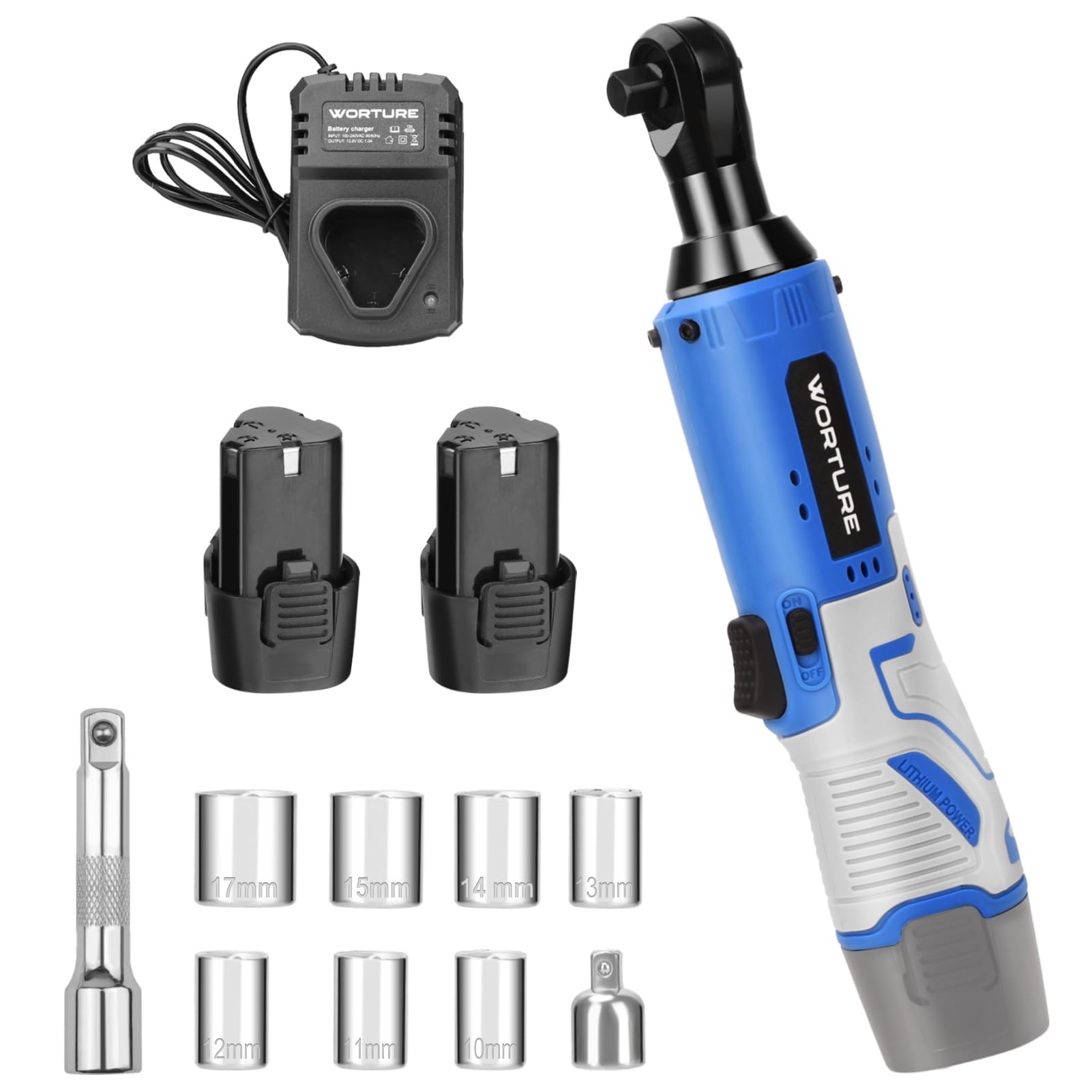 Worture Cordless Electric Ratchet Wrench, 40N.m 12V Power Ratchet Tool Kit with 2 * 2000mAh Lithium-ion Batteries, 1 * Fast Charger, 7 * Sockets, 1 * 1/4 Inch Adaptor, 1 * Extension Bar